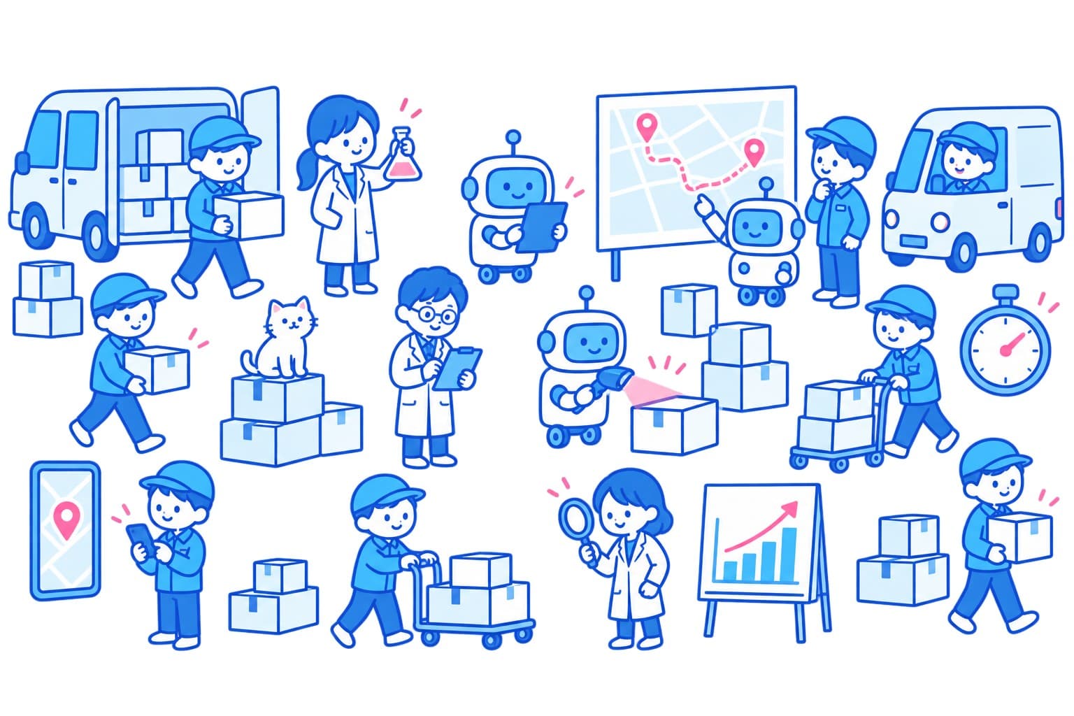 研究員とドライバーたちが軽配送を調べているイラスト